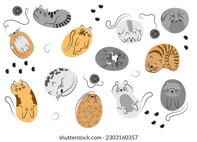 A set of stylized cats in the form of circles or ovals. Stickers, clipart