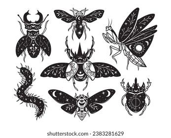 Set of stylized celestial beetle. Collection of flying magic insects with mystical sign. Mystical tropical moth. Vector illustration of flying beetles with wings. Linear art.