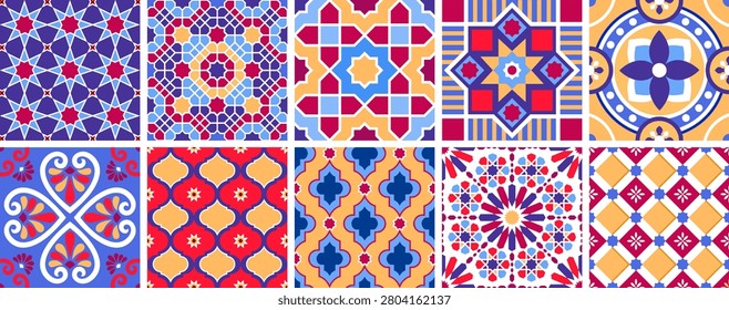 A set of stylized ceramic tiles in the colors of the Moroccan Chefchaouen. Collage of ethnic Moroccan tiles in Zellige style. A collection of bright ceramic tiles in rich colors - indigo, wine, orange. Colorful ethnic tiles in the Mediterranean style with geometric patterns. 
Hand draw no ai. Scalable and fully editable EPS vector illustration.