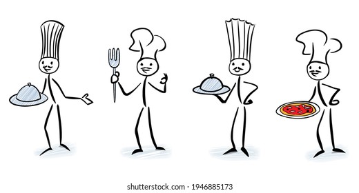 Set of stylized chefs holding kitchen cloche or pizza - Sick figure vector illustration