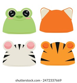 set of stylized children's hats with an animal print, namely with frog, zebra, tiger and fox ears for a masquerade, for designs, patterns or packaging