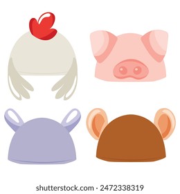 set of stylized children's hats with an animal print, namely with pig, hippo, monkey and rooster ears for a masquerade, for designs, patterns or packaging