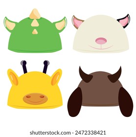 conjunto de sombreros de niños estilizados con estampado animal, es decir, con orejas de dragón, gato, toro y jirafa para una mascarada, para diseños, patrones o empaques