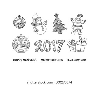 Set of stylized christmas symbols and new year decorative design elements isolated on white background with doodle elements. Christmas tree, ornaments, snowman, santa claus, presents, 2017, greetings