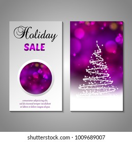 Set of stylized Christmas tree invitation, flyer, sale, discont card template. Merry Christmas decorative bokeh background. Use for internet sites, gift cards, flyers, presentations. Front, back page