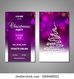 Set of stylized Christmas tree invitation, flyer, sale, discont card template. Merry Christmas decorative bokeh background. Use for internet sites, gift cards, flyers, presentations. Front, back page