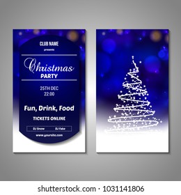 Set of stylized Christmas tree invitation, flyer, sale, discont card template. Merry Christmas decorative bokeh background. Vector illustration. 