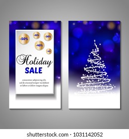 Set of stylized Christmas tree invitation, flyer, sale, discont card template. Merry Christmas decorative bokeh background. Vector illustration. 