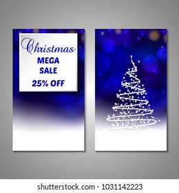 Set of stylized Christmas tree invitation, flyer, sale, discont card template. Merry Christmas decorative bokeh background. Vector illustration. 