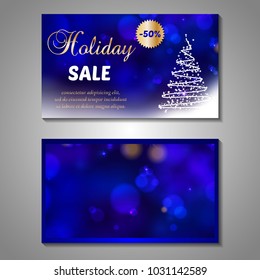 Set of stylized Christmas tree invitation, flyer, sale, discont card template. Merry Christmas decorative bokeh background. Vector illustration. 