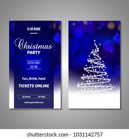 Set of stylized Christmas tree invitation, flyer, sale, discont card template. Merry Christmas decorative bokeh background. Vector illustration. 