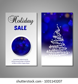 Set of stylized Christmas tree invitation, flyer, sale, discont card template. Merry Christmas decorative bokeh background. Vector illustration. 