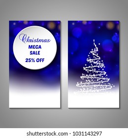 Set of stylized Christmas tree invitation, flyer, sale, discont card template. Merry Christmas decorative bokeh background. Vector illustration. 