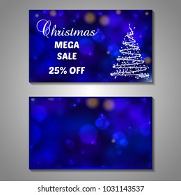 Set of stylized Christmas tree invitation, flyer, sale, discont card template. Merry Christmas decorative bokeh background. Vector illustration. 