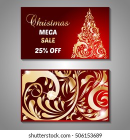 Set of stylized Christmas tree invitation, flyer, sale, discont card template. Merry Christmas decorative background.Use for internet sites, gift cards, flyers and presentations. Front and back page