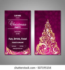 Set of stylized Christmas tree invitation, flyer, sale, discont card template. Merry Christmas decorative background.Use for internet sites, gift cards, flyers and presentations. Front and back page