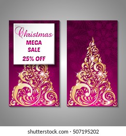 Set of stylized Christmas tree invitation, flyer, sale, discont card template. Merry Christmas decorative background.Use for internet sites, gift cards, flyers and presentations. Front and back page