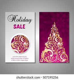 Set of stylized Christmas tree invitation, flyer, sale, discont card template. Merry Christmas decorative background.Use for internet sites, gift cards, flyers and presentations. Front and back page