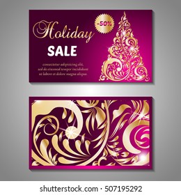 Set of stylized Christmas tree invitation, flyer, sale, discont card template. Merry Christmas decorative background.Use for internet sites, gift cards, flyers and presentations. Front and back page