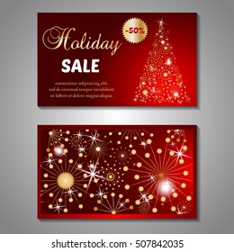 Set of stylized Christmas tree invitation, flyer, sale, discont card template. Merry Christmas decorative background.Use for internet sites, gift cards, flyers and presentations. Front and back page