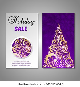 Set of stylized Christmas tree invitation, flyer, sale, discont card template. Merry Christmas decorative background.Use for internet sites, gift cards, flyers and presentations. Front and back page