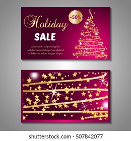 Set of stylized Christmas tree invitation, flyer, sale, discont card template. Merry Christmas decorative background.Use for internet sites, gift cards, flyers and presentations. Front and back page
