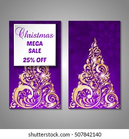 Set of stylized Christmas tree invitation, flyer, sale, discont card template. Merry Christmas decorative background.Use for internet sites, gift cards, flyers and presentations. Front and back page