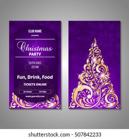 Set of stylized Christmas tree invitation, flyer, sale, discont card template. Merry Christmas decorative background.Use for internet sites, gift cards, flyers and presentations. Front and back page