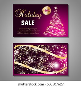 Set of stylized Christmas tree invitation, flyer, sale, discont card template. Merry Christmas decorative background.Use for internet sites, gift cards, flyers and presentations. Front and back page