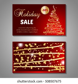 Set of stylized Christmas tree invitation, flyer, sale, discont card template. Merry Christmas decorative background.Use for internet sites, gift cards, flyers and presentations. Front and back page
