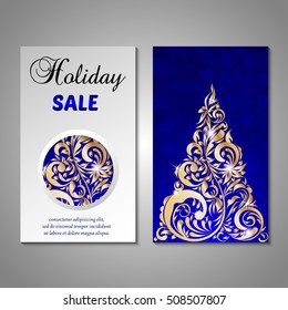 Set of stylized Christmas tree invitation, flyer, sale, discont card template. Merry Christmas decorative background.Use for internet sites, gift cards, flyers and presentations. Front and back page