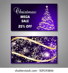Set of stylized Christmas tree invitation, flyer, sale, discont card template. Merry Christmas decorative background.Use for internet sites, gift cards, flyers and presentations. Front and back page