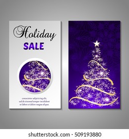 Set of stylized Christmas tree invitation, flyer, sale, discont card template. Merry Christmas decorative background.Use for internet sites, gift cards, flyers and presentations. Front and back page