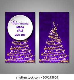 Set of stylized Christmas tree invitation, flyer, sale, discont card template. Merry Christmas decorative background.Use for internet sites, gift cards, flyers and presentations. Front and back page