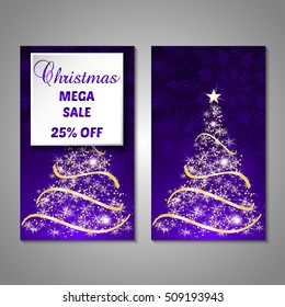 Set of stylized Christmas tree invitation, flyer, sale, discont card template. Merry Christmas decorative background.Use for internet sites, gift cards, flyers and presentations. Front and back page