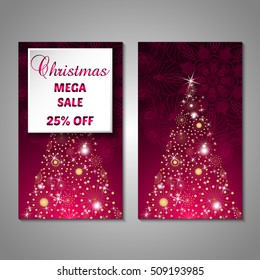 Set of stylized Christmas tree invitation, flyer, sale, discont card template. Merry Christmas decorative background.Use for internet sites, gift cards, flyers and presentations. Front and back page