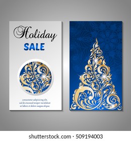 Set of stylized Christmas tree invitation, flyer, sale, discont card template. Merry Christmas decorative background.Use for internet sites, gift cards, flyers and presentations. Front and back page