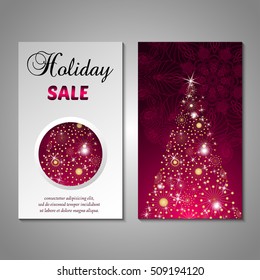 Set of stylized Christmas tree invitation, flyer, sale, discont card template. Merry Christmas decorative background.Use for internet sites, gift cards, flyers and presentations. Front and back page