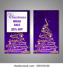Set of stylized Christmas tree invitation, flyer, sale, discont card template. Merry Christmas decorative background.Use for internet sites, gift cards, flyers and presentations. Front and back page
