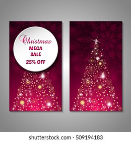 Set of stylized Christmas tree invitation, flyer, sale, discont card template. Merry Christmas decorative background.Use for internet sites, gift cards, flyers and presentations. Front and back page