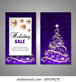 Set of stylized Christmas tree invitation, flyer, sale, discont card template. Merry Christmas decorative background.Use for internet sites, gift cards, flyers and presentations. Front and back page