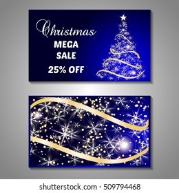 Set of stylized Christmas tree invitation, flyer, sale, discont card template. Merry Christmas decorative background.Use for internet sites, gift cards, flyers and presentations. Front and back page