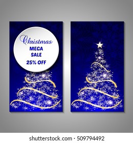 Set of stylized Christmas tree invitation, flyer, sale, discont card template. Merry Christmas decorative background.Use for internet sites, gift cards, flyers and presentations. Front and back page