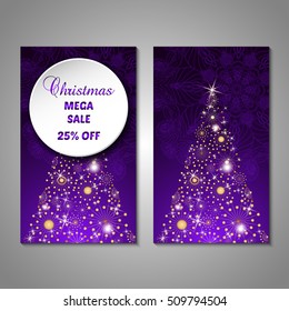 Set of stylized Christmas tree invitation, flyer, sale, discont card template. Merry Christmas decorative background.Use for internet sites, gift cards, flyers and presentations. Front and back page