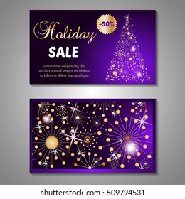 Set of stylized Christmas tree invitation, flyer, sale, discont card template. Merry Christmas decorative background.Use for internet sites, gift cards, flyers and presentations. Front and back page