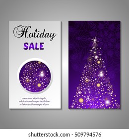 Set of stylized Christmas tree invitation, flyer, sale, discont card template. Merry Christmas decorative background.Use for internet sites, gift cards, flyers and presentations. Front and back page