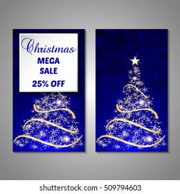Set of stylized Christmas tree invitation, flyer, sale, discont card template. Merry Christmas decorative background.Use for internet sites, gift cards, flyers and presentations. Front and back page