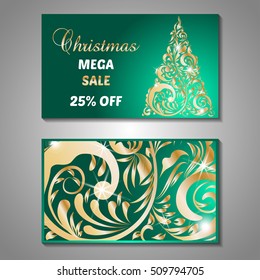 Set of stylized Christmas tree invitation, flyer, sale, discont card template. Merry Christmas decorative background.Use for internet sites, gift cards, flyers and presentations. Front and back page