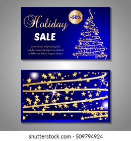 Set of stylized Christmas tree invitation, flyer, sale, discont card template. Merry Christmas decorative background.Use for internet sites, gift cards, flyers and presentations. Front and back page