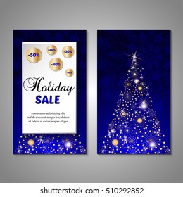 Set of stylized Christmas tree invitation, flyer, sale, discont card template. Merry Christmas decorative background.Use for internet sites, gift cards, flyers and presentations. Front and back page